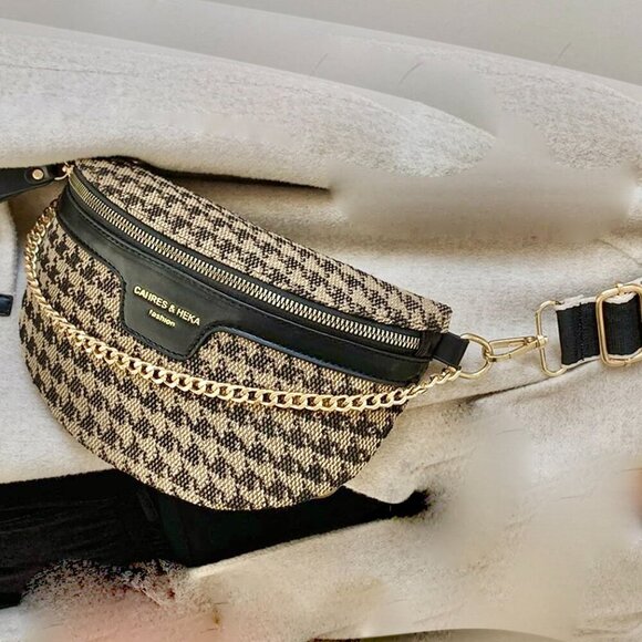 Cahres & Heka  Designer Crossbody Houndstooth Print Canvas Bag - Picture 9 of 14